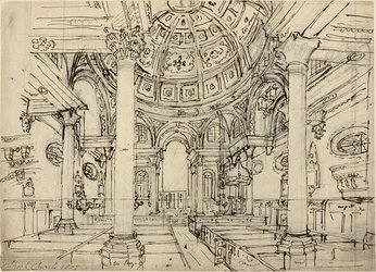 Studie for Walbrook Church (recto); Skisser av seilbåter, menn og joller (verso)