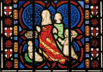 Pugins andre kone Louisa med stedatteren Anne og hennes to døtre Agnes & Katherine, Chapel East Window, ca. 1844 (farget glass)