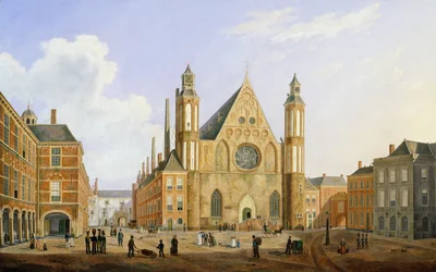 Binnenhof i Haag med utsikt over Ridderzaal med soldater og andre figurer på gårdsplassen