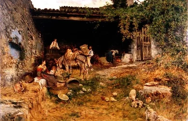 Italian Farmyard (olje på panel)