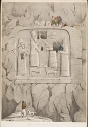 Assyrian Rock Sculpture (bayersk), fra Monuments of Nineveh, pub. 1849 (gravering)