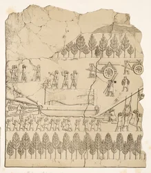 Assyrere flytter en bevinget okse på en slede (Kouyunjik), fra Monuments of Nineveh, pub. 1849 (gravering)