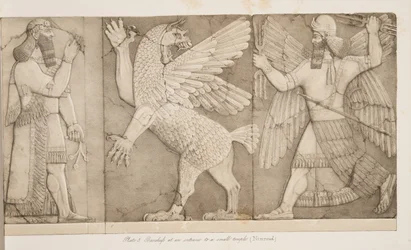 Basrelieffer ved inngangen til et lite tempel (Nimroud), fra Monuments of Nineveh, pub. 1849