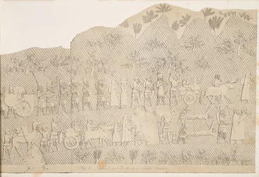 Fanger og bytte fra The City of Lachich, illustrasjon fra Monuments of Nineveh, 1858