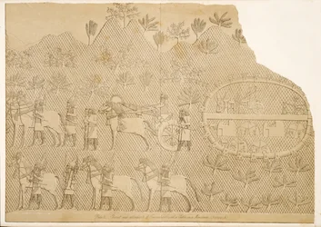 Vogn og ledsagere av Sanherib og et slott på et fjell (Kouyunjik), fra Monuments of Nineveh, pub. 1849