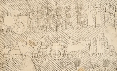 Detalj fra Captives and Spoil fra byen Lachich, illustrasjon fra Monuments of Nineveh, 1858