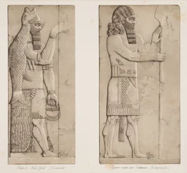 Fish God (Nimroud) og figur nær en inngang (Kouyunjik), fra Monuments of Nineveh, pub. 1849
