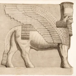 Mennesket ledet okse og bevinget figur fra en port i veggen rundt Kouyunjik, fra Monuments of Nineveh, pub. 1849