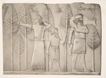 Jegere med gaselle, hare og fugler (Khorsabad), fra Monuments of Nineveh, pub. 1849