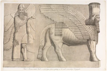 Monumenter av Nineva: Plate 3, menneskehodet okse og bevinget figur fra en port i veggen rundt Kouyunjik (Quyunjik)