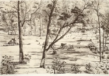 Free Selectors Hut, fra The History of Australasia av David Blair, McGrady, Thomson og Niven, 1879