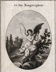 Allegorie de curiosite represented with a drapery dotted with ears and eyes The wings elevated Engraving in “” Iconologie oder Ideen aus dem Gebiete der Leidenschaften und Allegorien bildich dargestellt fur Zeichner, Mahler, Dichter, Gelehrte, Erzieher und