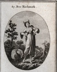Allegori over arroganse. Eselørene hans kjennetegner uvitenhet, og holdningen hans uttrykker stoltheten hans. Påfuglen er et symbol på stolthet, og kalkunen som slår ut halen er et symbol på dumhet. Gravering i “Iconologie oder Ideen aus dem Gebiete der