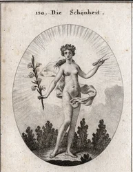 Allegory of beauty. The compas is the emblem of the accuracy of proportions. The lily is the symbol of beauty. Engraving in “” Iconologie oder Ideen aus dem Gebiete der Leidenschaften und Allegorien bildich dargestellt fur Zeichner, Mahler, Dichter, Gelehr
