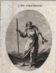 Allegory of blame represents by Momus the God of satyre and reprimand as an old man speaking and striking the earth. His clothing is strewn with ears, eyes and tongues. Engraving in “” Iconologie oder Ideen aus dem Gebiete der Leidenschaften und Allegorien