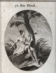 Allegory of calamite. She sits on breezes whose fragility is the image of the instability of fortune and the miseries of life. Engraving in “” Iconologie oder Ideen aus dem Gebiete der Leidenschaften und Allegorien bildich dargestellt fur Zeichner, Mahler,