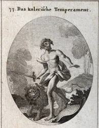 Allegory of coleric complexion. He holds a sword to attack and just threw his shield forgetting to defend himself. His attribute and a threatening lion. Engraving in “” Iconologie oder Ideen aus dem Gebiete der Leidenschaften und Allegorien bildich dargest