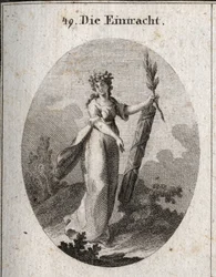 Allegori av enighet representert med en krone av granater emblem av union. Olivengrenen og et symbol på fred og bjelken av meter som er tett knyttet sammen, markerer kraften til forente krefter. Gravering i "" Iconologie oder Ideen aus dem Gebiete der Leid