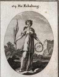 Allegori om bevaring. Sedergrenen er uforgjengelig, men er også emblemet for bevaring og sirkelen for arvefølgen. Hun bærer en krone av aromatiske planter som ble brukt av egypterne for å bevare de døde. Gravering i "" Icono