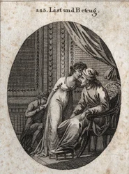 Allegori om list og bedrag. Uttrykk: Hvem gir deg flere kjærtegn enn vanlig, det er et tegn på at han har lurt deg eller at han vil lure deg. Gravering i "" Iconologie oder Ideen aus dem Gebiete der Leidenschaften und Allegorien bildich