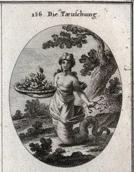Allegori over bedrag. Blant blomstene i kurven er det en slange. Bak seg skjuler hun flere fiskekroker. Bena hennes ender i en slangehale for å vise at hun kryper for å nå sine mål. Stikk i «Iconologie oder Ideen aus dem Gebiete der Leidenschaften»
