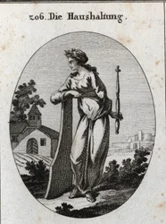 Allegori om økonomi. Den er kronet med en olivengren som symboliserer fred. Den lener seg på et ror og holder et septer og kompas, maktemblemer og den eksakte regjeringen. Gravering i "" Iconologie oder Ideen aus dem Gebiete der Leidenschaften und Allego
