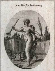 Allegori over konkurranse. Trompeten og palmen symboliserer belønningen som tilskrives fortjeneste. Attributtene er to haner klare til kamp. Stikk i “Iconologie oder Ideen aus dem Gebiete der Leidenschaften und Allegorien bildlich dargestellt für Zeichner”