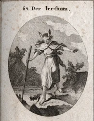 Allegori om feil i en svimlende holdning med bind for øynene og eselører for å markere at blindhet og uvitenhet er kildene til feil. Hun er på vei mot et stup og tarver med pinnen. Gravering i "" Iconologie oder Ideen aus dem Gebiete der