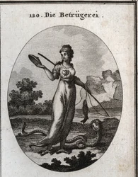 Allegori over bedrageriet, fremstilt med et dobbelt hjerte og med en maske i hånden. Hun holder en fiskestang som en fisk har bitt på. Beina hennes ender i gribbklør, og hun har en skorpionhale. Attributtet hennes er en slange med et menneskeansikt. Stikk