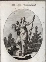 Allegori over helse fremstilt ved en sterk kvinne som holder en hane, et dyr viet til Asklepios, legekunstens gud. Hun holder en stav som en slange slynger seg rundt, et dyr som skifter ham og er minst utsatt for sykdommer. Gravering i «Iconologie oder