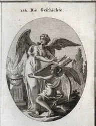 Allegory of history. His actions of listening and writing on a great book supported by time means the action of being informed to retranscribe the memory of past things. Engraving in “” Iconologie oder Ideen aus dem Gebiete der Leidenschaften und Allegorie