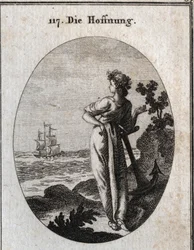 Allegori om håp hviler på et anker og observerer et skip i horisonten. Gravering i "" ikonologi eller ideer fra feltet lidenskaper og allegorier avbildet for tegnere, malere, poeter, lærde, lærere og venner av høyere historie