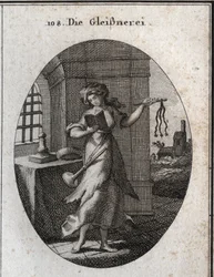 Allegory of hypocrisy holding a prayer book and discipline (swift, whip). The trumpet she has on her shoulder marks that she publishes her good works with emphasis. Engraving in “” Iconologie oder Ideen aus dem Gebiete der Leidenschaften und Allegorien bil