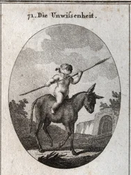 Allegory of ignorance represented by a child rides on a donkey, his eyes strips with a reed cane (symbolizing the empty brain). Engraving in “” Iconologie oder Ideen aus dem Gebiete der Leidenschaften und Allegorien bildich dargestellt fur Zeichner, Mahler