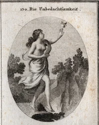 Allegory of inconsideration. She walks looking at a butterfly without seeing that there is a precipice at her feet. The compas and the rules show that she doesn
