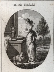 Allegory of innocence crowned with palm to mark that time makes her triumph over the slander that wants to oppress her. Its symbol is the lamb. Hand washing serves to publicly exonerate themselves from false accusations. Engraving in “” Iconologie oder Ide