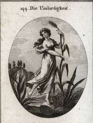 Allegory of instability stirred by the wind. It leans with both hands on a fragile reed and is placed only one foot on a ball. Engraving in “” Iconologie oder Ideen aus dem Gebiete der Leidenschaften und Allegorien bildich dargestellt fur Zeichner, Mahler,
