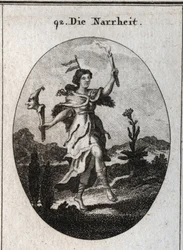 Allegory of madness. the bear skin coat desires madness that carries anger, the action of dancing emphasizes those who wear to gaiete. The vane on his head marks the instability of fantasies. It contrasts the light of a candle with the light rays of the su