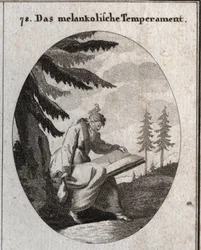 Allegory of melancholic complexion. He holds a book and a purse and his mouth is closed with a blindfold. A bird sits on his head. Engraving in “” Iconologie oder Ideen aus dem Gebiete der Leidenschaften und Allegorien bildich dargestellt fur Zeichner, Mah