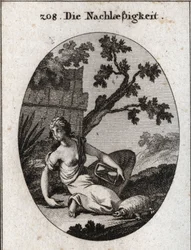 Allegory of negligence. She holds a clock with an overturned sand (hourglass). The torute is the emblem of slowness. Engraving in “” Iconologie oder Ideen aus dem Gebiete der Leidenschaften und Allegorien bildich dargestellt fur Zeichner, Mahler, Dichter, 