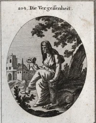 Allegory of oblivion. She holds a mandrake plant, powerful narcotic. The lynx is the animal dedicated to Bacchus. Engraving in “” Iconologie oder Ideen aus dem Gebiete der Leidenschaften und Allegorien bildich dargestellt fur Zeichner, Mahler, Dichter, Gel