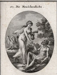 Allegory of philanthropy. She holds a scholarship and comes to rescue a poor man to whom she reaches out. His attribute is a pelican that opens his breast to feed his young. Engraving in “” Iconologie oder Ideen aus dem Gebiete der Leidenschaften und Alleg