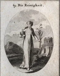 Allegory of purete. His attributes are the dove and the lily, symbols of candor. Engraving in “” Iconologie oder Ideen aus dem Gebiete der Leidenschaften und Allegorien bildich dargestellt fur Zeichner, Mahler, Dichter, Gelehrte, Erzieher und freunde Hoher