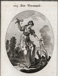 Allegory of reason, she holds a flamboyant sword from which she threatens the vices represented by snakes that she holds chains. Engraving in “” Iconologie oder Ideen aus dem Gebiete der Leidenschaften und Allegorien bildich dargestellt fur Zeichner, Mahle