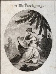 Allegory of reflection. A ray of light starts from his heart strikes the mirror on his knees and reflects the light on his forehead. Engraving in “” Iconologie oder Ideen aus dem Gebiete der Leidenschaften und Allegorien bildich dargestellt fur Zeichner, M