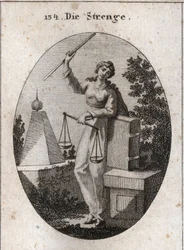 Allegory of rigor represents under a ferocity aspect holding with the right hand a rod of high iron and relying from the left on the book of laws. It has in the same hand a balance, one of which prevails over the other. Engraving in “” Iconologie oder Idee
