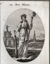 Allegory of splendor. The club on which it relies is the symbol of virtues. The chain and the gold medal are the reward. The light torch is light to beautiful deeds. Engraving in “” Iconologie oder Ideen aus dem Gebiete der Leidenschaften und Allegorien bi