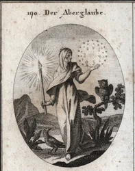 Allegori om overtro. Hun holder et stearinlys og en sirkel av stjerner som omgir tegnene til de syv planetene som hun anser for å være engstelige. Dens attributter er uglen og kråken. Gravering i "" Iconologie oder Ideen aus dem Gebiete der Lei