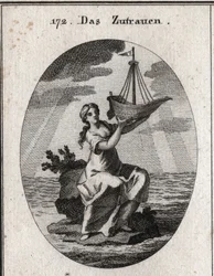 Allegory of the confidence represented by a woman sitting on a place in the middle of the sea and holding in her hand a ship she raised. Engraving in “” Iconologie oder Ideen aus dem Gebiete der Leidenschaften und Allegorien bildich dargestellt fur Zeichne