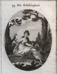 Allegory of the docilite. His attributes are the parakeet and the little dog because of their obedience and desire to please. Engraving in “” Iconologie oder Ideen aus dem Gebiete der Leidenschaften und Allegorien bildich dargestellt fur Zeichner, Mahler, 
